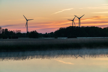 Evening sunlight on coast, pink and golden clouds and wind turbine. Sky reflection on water.  Wind generator for electricity, alternative energy source. Windmill for electric power production.