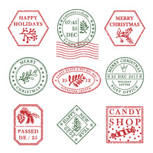 Set Of Vintage Textured Grange Christmas Stamp Rubber With Holiday Symbols In Red, Green And Blue Colors. For Xmas Greeting Card, Invitations, Web Banner, Sale Flyers Retro Design