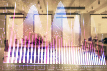 Wall Mural - Stock market chart with trading desk bank office interior on background. Double exposure. Concept of financial analysis