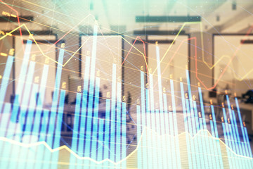 Stock market chart with trading desk bank office interior on background. Double exposure. Concept of financial analysis