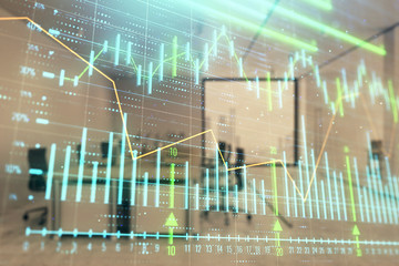 Stock market chart with trading desk bank office interior on background. Double exposure. Concept of financial analysis