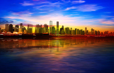 Canvas Print - abstract spring background with gold sunrise blue sky and panorama of Vancouver