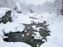Mountain Stream During A Snowfall. Winter Landscape With Snow.