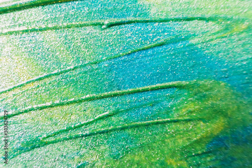 Macro Photo Paint Of Yellow Green And Blue Shades Close Up