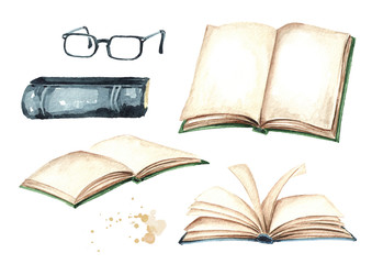 Open books and reading glasses collection. Watercolor hand drawn illustration isolated on white background