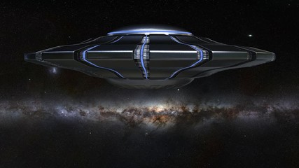 Canvas Print - ufo, rotating flying saucer, alien spaceship with extraterrestrial visitors in outer through space, 