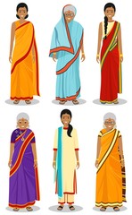 Indian woman. Set of different standing old, adult and young women in the traditional national clothing isolated on white background in flat style. Differences people in the east dress. Vector.