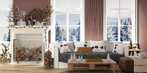 New year tree in scandinavian style interior with christmas decoration	