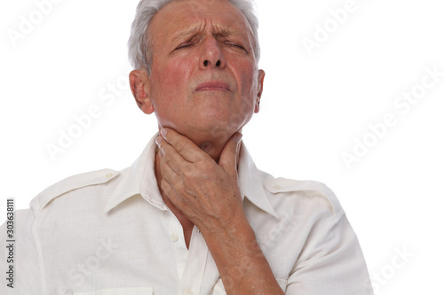 Fotomural Throat gland , Sick senior man with throat pain, Flu, influenza