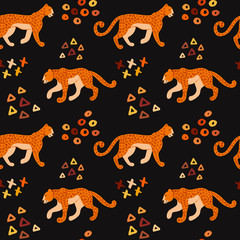 Aufkleber - Vector hand drawn seamless pattern with jaguars. Ornament with leopards. Wild cats background.