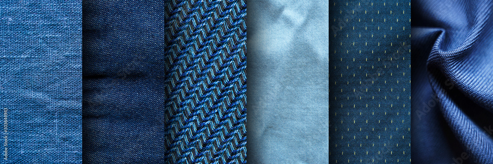 Collage of blue fabric textures. Blue Fabric Set - obrazy, fototapety, plakaty 