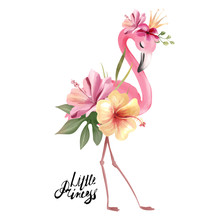 Cute Flamingo Princess With Gold Crown And Tropical Flowers, Floral Bouquet