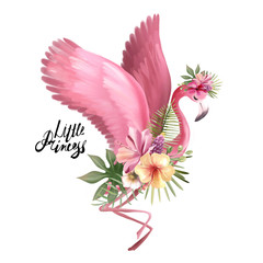 Wall Mural - Cute flamingo bird with tropical flowers, floral bouquet, arrangement