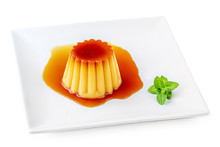 Cream  Caramel, Flan, Or Caramel Pudding With Sweet Syrup  On A Plate  Isolated On White Background. Homemade Custard