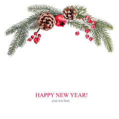 Wall Mural - Christmas frame made of fir branches and red berries.   Christmas wallpaper. Flat lay, top view. Copy space.