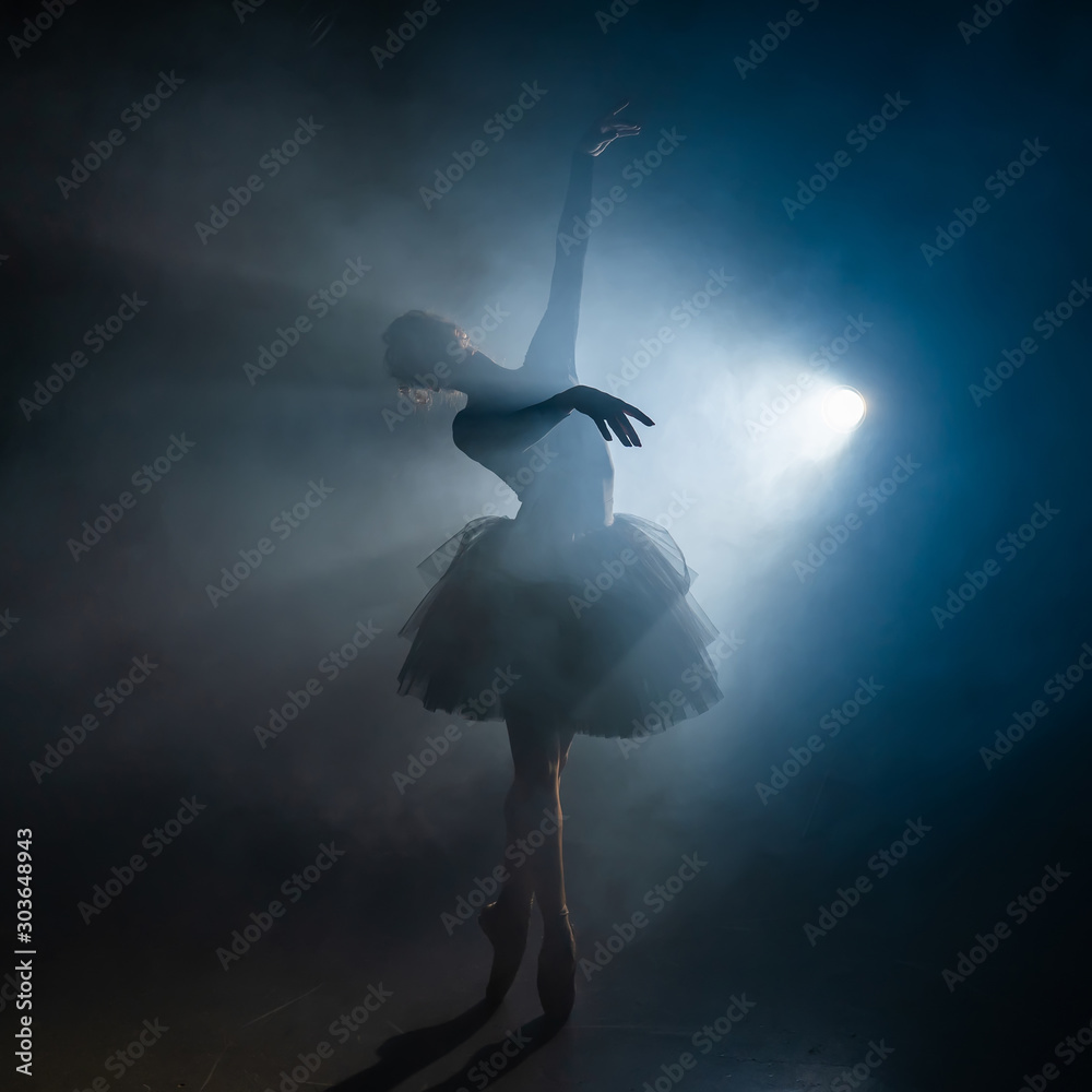 Young beautiful ballerina on smoke stage dancing modern ballet. Performs smooth movements with hands against spotlight background. Woman in black tutu costume on scene. - obrazy, fototapety, plakaty 
