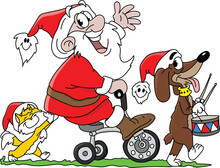 Cartoon Santa Claus Riding A Tricycle Together With His Cat And His Dog Vector Illustration