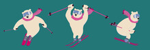 Polar Bear On An Alpine Ski Slope. Сharming Sporty And Strong Animal Wears Scarf And Ski Goggles, Likes Downhill Skiing.  Set Of Vector Ilustrations With Character In Flat Style. Can Be Used As Mascot