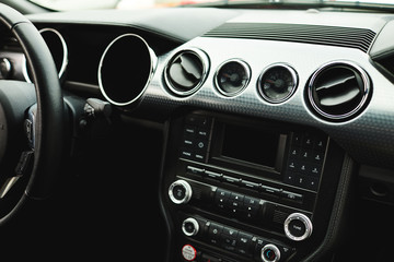 Poster - Car inside. Modern sport car Interior - steering wheel, shift lever and dashboard.