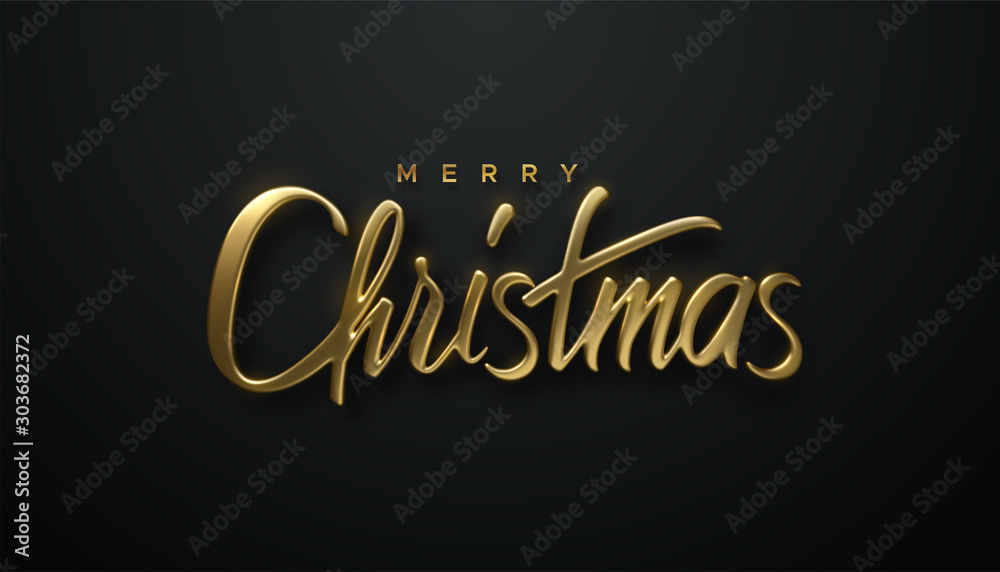Holiday Christmas lettering. Vector 3d illustration of realistic golden sign. Calligraphic banner design. Winter festive event. Merry Christmas. - obrazy, fototapety, plakaty 