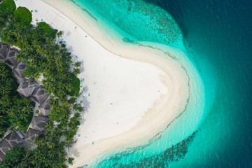 Wall Mural - Aerial top down view with drone of an tropical exotic island paradise with turquoise crystal clear water and pure white sand beach