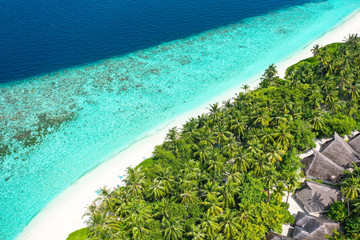 Wall Mural - Aerial view with drone of an tropical exotic island paradise with turquoise crystal clear water and pure white sand beach