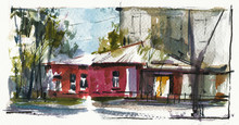 Old Red House Hand Drawn Watercolor Illustration