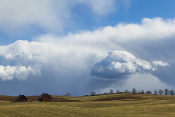 green fields in spring, cumulus clouds