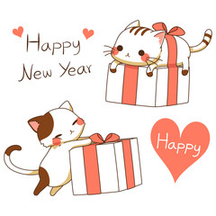 Sticker - Cute cat and gift box vector illustration, Art word Happy New Year and red heart, Hand drawn doodle style, For greeting card, note card and cute sticker.