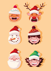 Sticker - set of icons christmas with head santa claus and animals