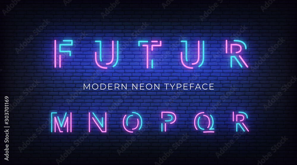Neon light alphabet font. Glowing neon illuminated 3d modern typeface. Letters m, n , o, p, q, r - obrazy, fototapety, plakaty 