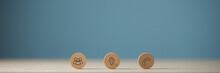 Wide View Image Of Three Wooden Cut Circles With Contact And Information Icons On Them