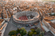 Aerial Drone Shot View Of Sunrise On Ancient Roman Amphitheatre Verona Arena (Arena Di Verona) In Verona, Italy