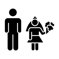 Poster - Child marriage glyph icon. Girl and man, groom and bride. Forcible wedlock. Compulsory marriage. Female, male rights. Silhouette symbol. Negative space. Vector isolated illustration