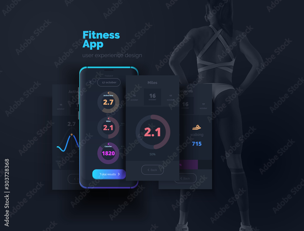 Mobile phone with app layout for sports, healthy lifestyle. Layout of a ...