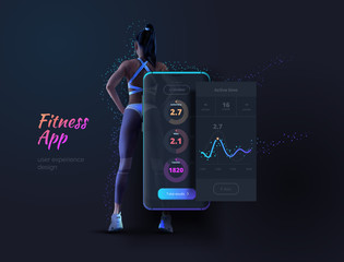 Poster - Development of a mobile fitness app. Mobile phone with app layout for sports, healthy lifestyle. Layout of a mobile application with diagrams, statistics, results. Vector illustration.