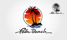 Palm Beach Logo Template, Water Ocean Waves With Sun, Palm Tree And Beach, For Restaurant And Hoteling. Palm Beach Logo Is Fully Customizable; It Can Be Easily Edit To Fit Your Needs.