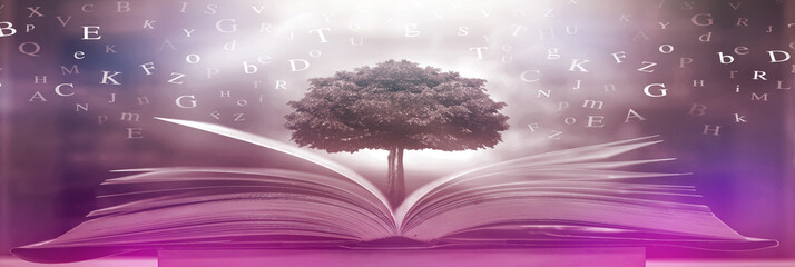 Poster - books that are open on the table and the english alphabet float above the book. with a tree of wisdo