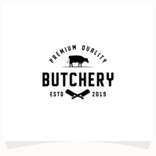 Butchery Shop Logo Design Template. Cow And Meat Cleaver Knife Vector Design.