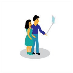 Man and woman taking selfie flat illustration. Stylish guy holding a smartphone cartoon character on a white background. Guy and girl on a date.