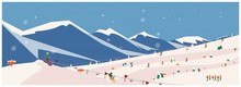 Wide Panoramic Background Of Winter Adventure ,Alps, Fir Trees, Ski Lift, Mountains Mountaineering Adventure. Winter Web Banner Design. Flat.Winter Activities Concept, Vector Illustration.