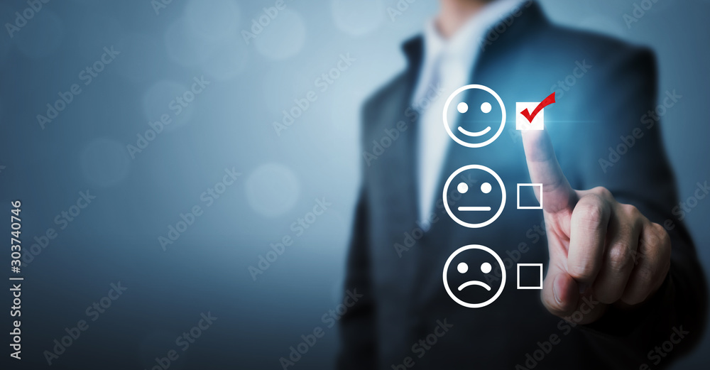 Businessmen choose to rating score happy icons. Customer service experience and business satisfaction survey concept - obrazy, fototapety, plakaty 