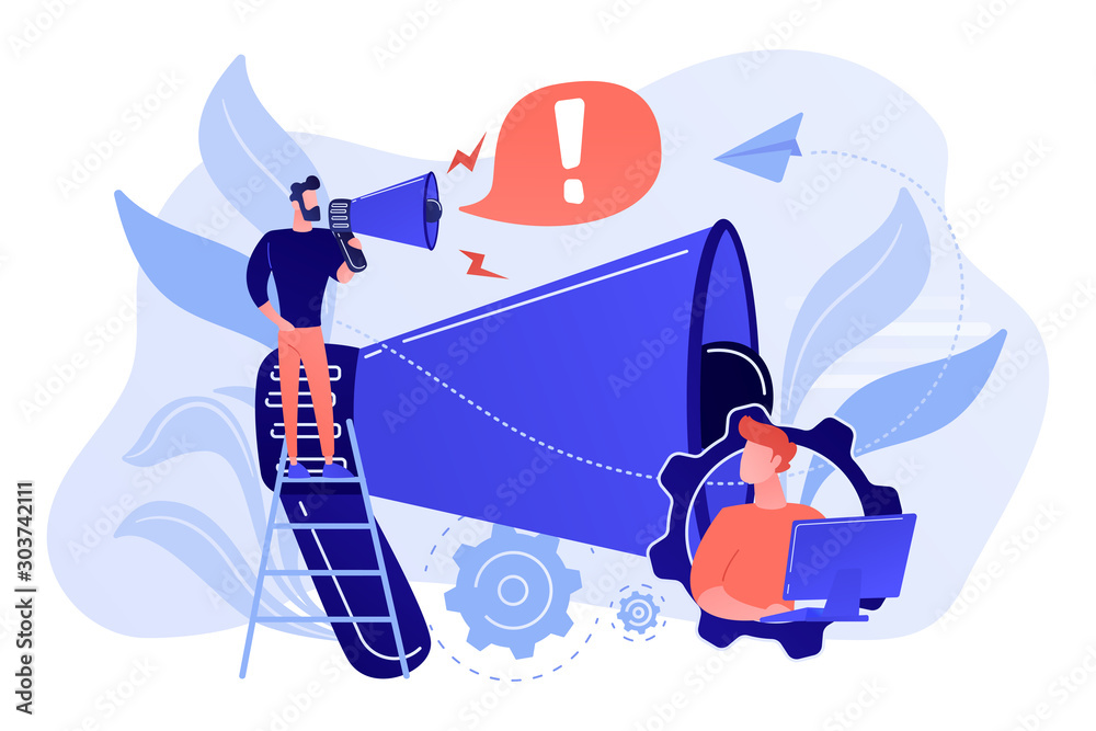 Businessman talk in megaphone with exclamation point. Draw attention, attention span and take note, requiring attention concept on white background. Pink coral blue vector isolated illustration - obrazy, fototapety, plakaty 