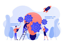 Tiny Business People Generating Ideas And Holding Gears At Big Light Bulb. Idea Management, Alternative Thinking, Best Solution Choice Concept. Pink Coral Blue Vector Isolated Illustration
