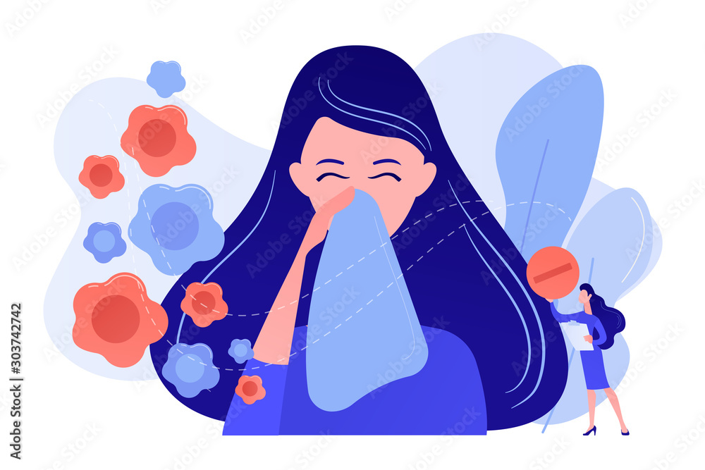 Female allergic to spring flowers sneezing and taking medicine. Seasonal allergy, seasonal allergy diagnosis, pollen allergy immunotherapy concept. Pinkish coral bluevector vector isolated - obrazy, fototapety, plakaty 