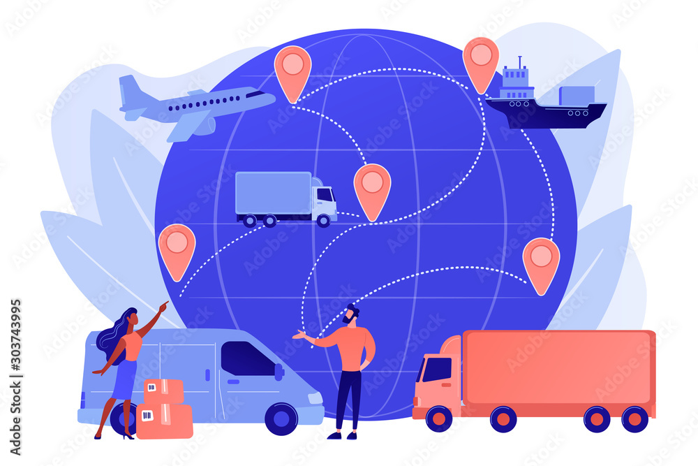 Internet store goods international shipment. Global transportation system, worldwide logistics and distribution, worldwide delivery service concept. Pinkish coral bluevector isolated illustration - obrazy, fototapety, plakaty 