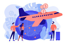 Cheap Tickets For Air Transportation. Cost-efficient Last Minute Flight Offers. Economy Class Airlines For Tourists, Travelers With Limited Budget. Pinkish Coral Bluevector Isolated Illustration
