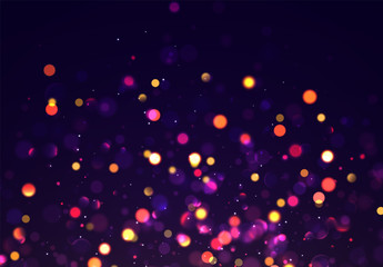 Wall Mural - bokeh sparkle glitter lights background. defocused circular . magic christmas gold and purple, blue 
