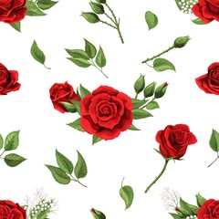 Wall Mural - Red rose flowers and green leaves elements vector seamless pattern