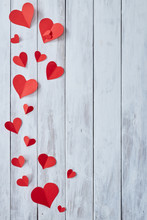 Red Paper Hearts On White Wooden Table